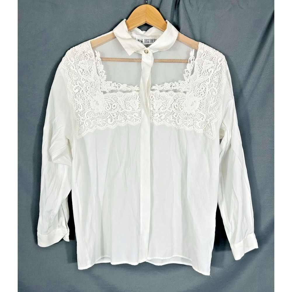 Vintage Together White Equestrian Lace Embroidered Pearl Button Up Top Size M‎